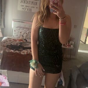 dark green velvety short dress, backless